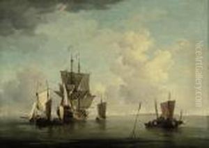 A British Man-o'-war And Other Vessels In Calm Seas by Willem van de, the Elder Velde