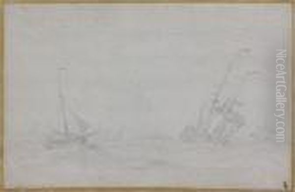 Trois Navires Par Mer Agitee - view 1