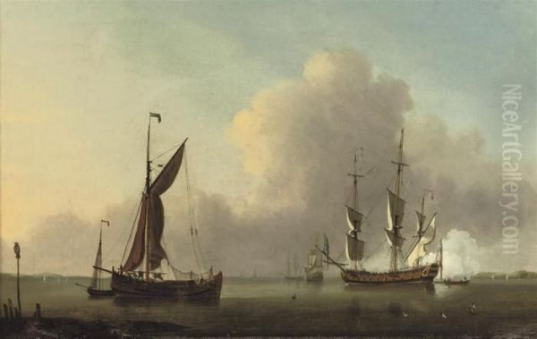 Ships In A Calm Sea Off The Coast With A Man O' War Firing The Morning Gun - view 1