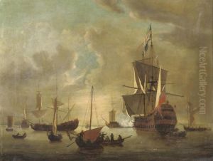 A Dutch Man O'war Firing A Salute With Other Shipping In Calm Waters by Willem van de, the Elder Velde