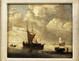 Fishing Boats Moored Offshore by Willem van de, the Elder Velde