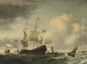 A Dutch Flagship Coming To An Anchor With Other Ships In Calm Waters by Willem van de, the Elder Velde