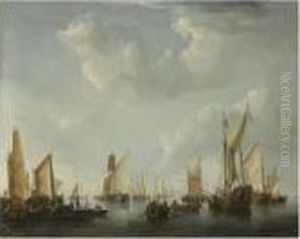 A Calm, With A States Yacht And Other Vessels In A Crowdedharbour Scene by Willem van de, the Elder Velde