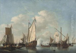A Dutch Man-o'war, A Rowing Boat And Other Shipping In Calm Waters by Willem van de, the Elder Velde