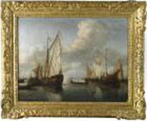 Dutch Ships At Anchor In A Harbour by Willem van de, the Elder Velde