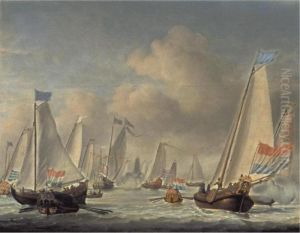 Dutch Bezan Yachts Sailing Around The Mary Yacht In A Moderate Breeze by Willem van de, the Elder Velde