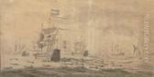 A Dutch Flagship At Anchor Attended By Small Boats, The Fleet Seen Beyond - view 1