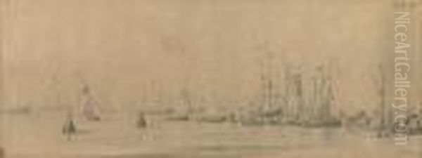 Fishing Vessels At A Quay In The Zuiderzee, The Dutch Fleet Seen Beyond - view 1
