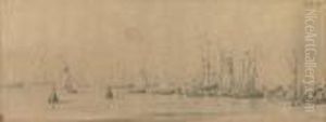 Fishing Vessels At A Quay In The Zuiderzee, The Dutch Fleet Seen Beyond Fishing Vessels At A Quay In The Zuiderzee, The Dutch Fleet Seen Beyond