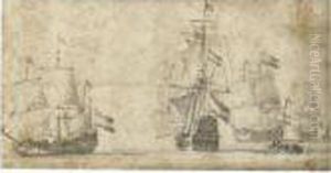 A Fleet Of States Yachts Under Way, With A Barge To The Right A Fleet Of States Yachts Under Way, With A Barge To The Right