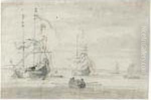 Two States Yachts In Calm 
Waters, With Smaller Vessels To The Left And A Barge In The Foreground by Willem van de, the Elder Velde