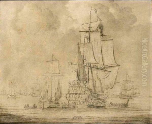 A Yacht, Rowing Boats And Other Shipping In A Calm - view 1