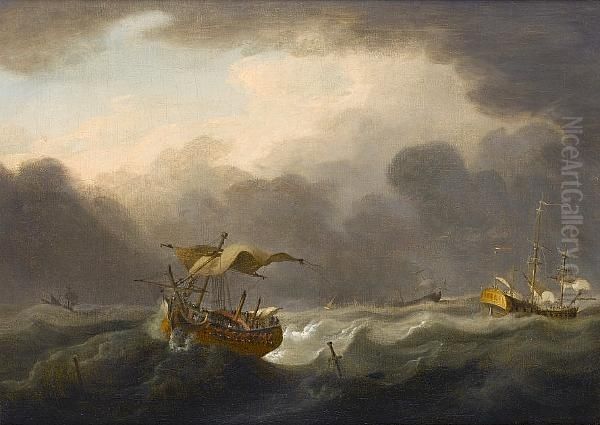 A Frigate And Other Shipping In Choppy Seas - view 1
