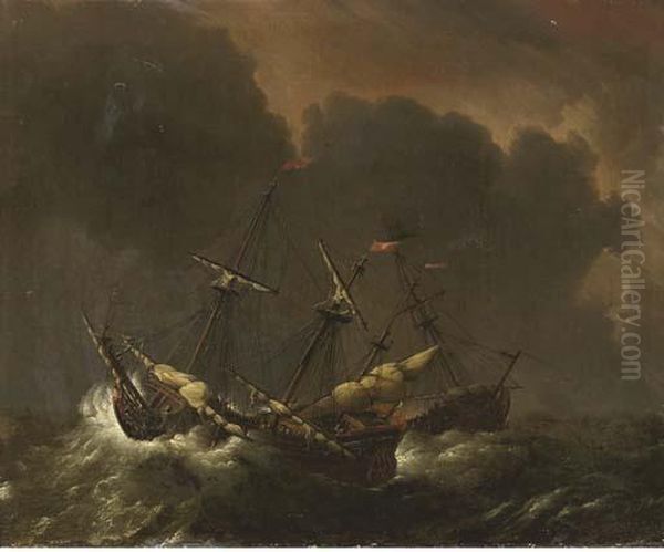 Shipping On A Stormy Sea by Willem van de, the Elder Velde