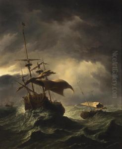 English Frigate And Other Shipping In Stormy Seas by Willem van de, the Elder Velde