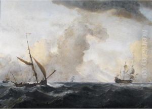 An English Galliot At Sea Running Before A Strong Wind by Willem van de, the Elder Velde