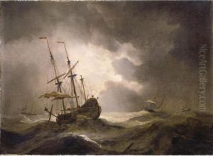 A Merchantman In A Storm, Three Other Ships On The Horizon by Willem van de, the Elder Velde