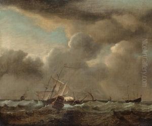 A Frigate And Other Men O'war In A Squall by Willem van de, the Elder Velde
