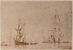 A Three-master And Other Ships On The Open Sea by Willem van de, the Elder Velde