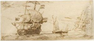 Two Dutch Three-masters Under Sail, With Smaller Boats Nearby Two Dutch Three-masters Under Sail, With Smaller Boats Nearby