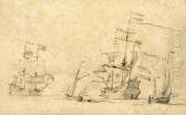 Two Galleons And Smaller Boats At Sea, Before The Battle Of Lowestoft - view 1