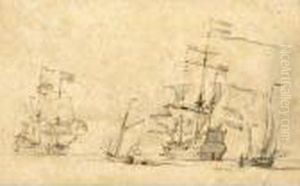 Two Galleons And Smaller Boats At Sea, Before The Battle Of Lowestoft