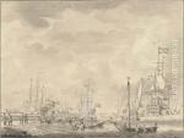 The Dutch Fleet At Anchor With Sailors Loading Supplies At A Jetty - view 1