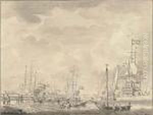 The Dutch Fleet At Anchor With Sailors Loading Supplies At A Jetty