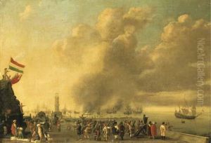 A Fortified Harbor by Willem van de, the Elder Velde