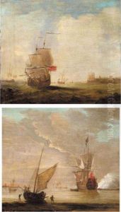Seascape With An English Ship In A Moderate Wind, A Coastal Fort In The Distance by Willem van de, the Elder Velde