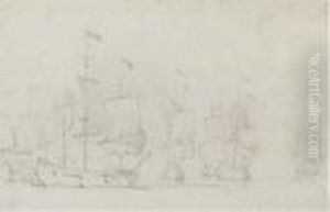 Warships Becalmed by Willem van de, the Elder Velde