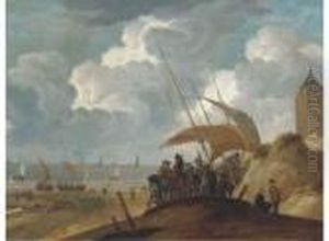 A Coastal Landscape With Peasants And Gentlemen On A Beach By Aboat by Willem van de, the Elder Velde