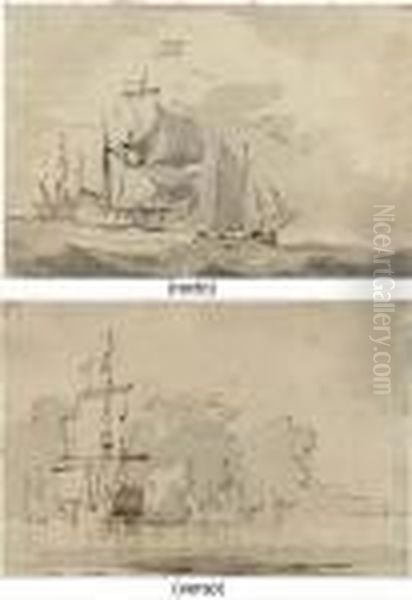 Two Frigates With A Fishing Boat (recto); A Frigate Firing Abroadside (verso) - view 1