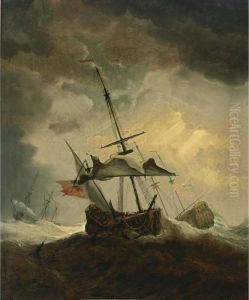 A Small English Ship Dismasted In A Gale, A Man-of-war And Another Sailing Vessel Beyond by Willem van de, the Elder Velde
