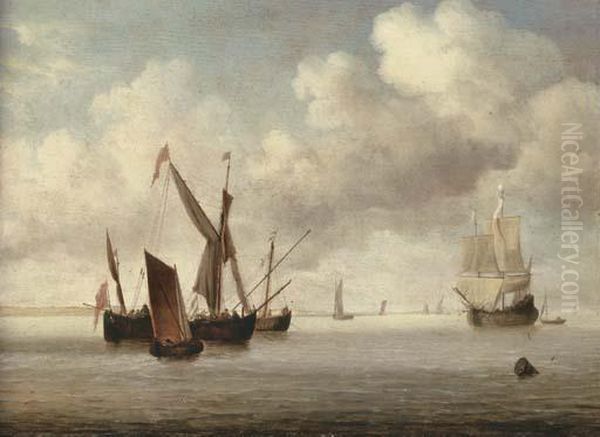 A Galjoot And A Smalschip At
Anchor Approached By A Small Kaag, Aflute Under Sail And Other Vessels
Beyond - view 1