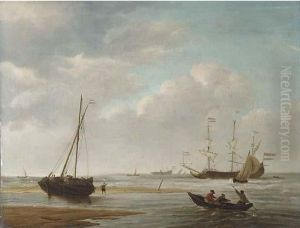 A Dutch Three-master With Reefed
 Sails And Other Shipping In Calmwaters Off The Coast, Fishermen In A 
Rowing Boat Heading Towards Adekschuit On The Beach In The Foreground by Willem van de, the Elder Velde