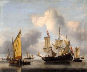 A Dutch Flute, A Smalschip And Other Shipping Offshore In A Calm by Willem van de, the Elder Velde