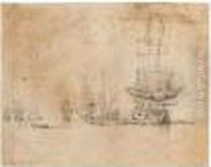 English Men-of-war And Rowing Boats On A Calm Sea by Willem van de, the Elder Velde