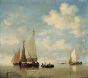 Calm - Dutch Smalschips And A Rowing Boat In A Light Air by Willem van de, the Elder Velde