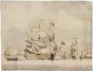 A Man-of-war And Other Ships On A Calm Sea by Willem van de, the Elder Velde