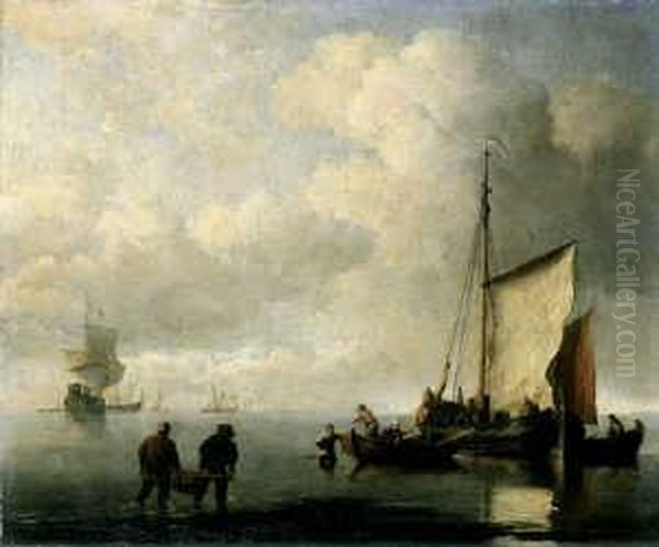 Fischerboote In Strandnahem Gewasser. Im Hintergrund Kriegsschiffe. - view 1