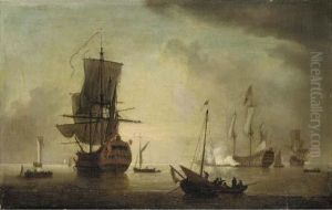 Two British Man-o-war In Still Waters by Willem van de, the Elder Velde