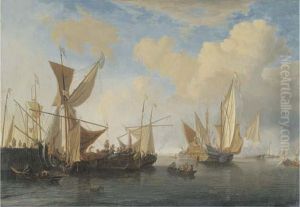 A Wijdschip And A Smalschip Lying At A Pierhead by Willem van de, the Elder Velde