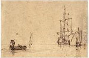 Ships And A Fishing Boat On A Calm Sea by Willem van de, the Elder Velde
