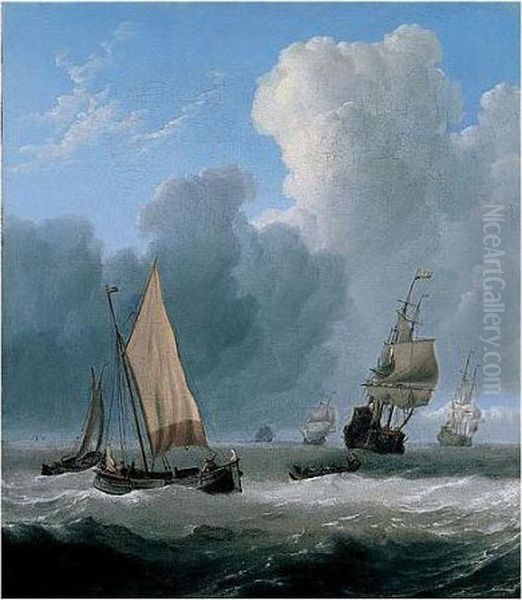 Dutch Coastal Vessels With A
Rowing Boat On The Open Sea With A Squadron Of Men Of War Beyond - view 1