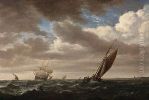 A Kaag And Other Shipping In A Fresh Breeze by Willem van de, the Elder Velde