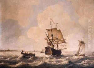 An English Man-o'-war Sailing
Out, A Rowing Boat And Other Shippingnearby, A Town In The Distance by Willem van de, the Elder Velde