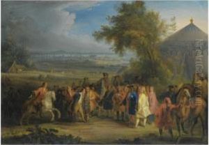 An Extensive Landscape With 
Louis Xiv Of France Being Presented With A Prisoner Of War In The 
Foreground, A Battle Beyond by Adam Frans van der Meulen