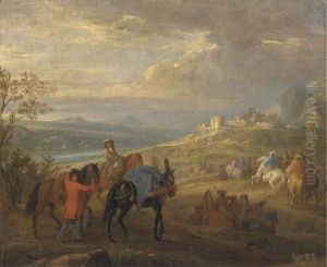An Extensive River Landscape With A Cavalry Troop On A Path, A Ruined Castle Beyond by Adam Frans van der Meulen
