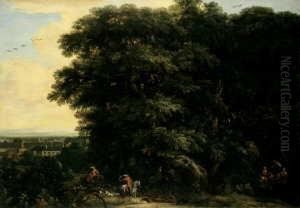 Bewaldete Landschaft Mit Jagern. by Adam Frans van der Meulen